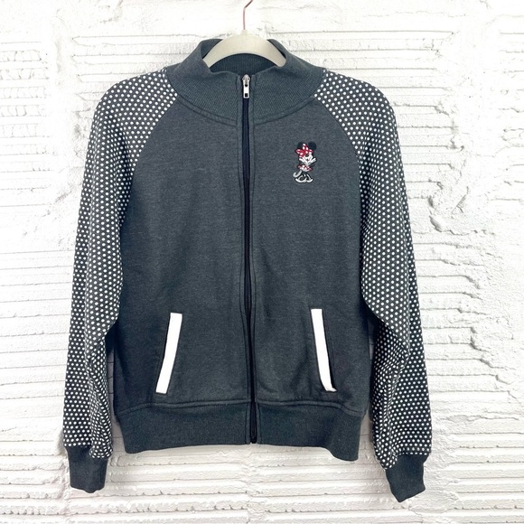 Disney Parks Minnie Logo Gray Polka Dot Sleeves Knit Varsity Jacket Size Large - Picture 1 of 12